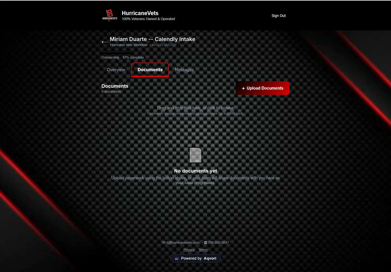 A client portal rendered in the client firm's own branding — their logo, colours and background.
