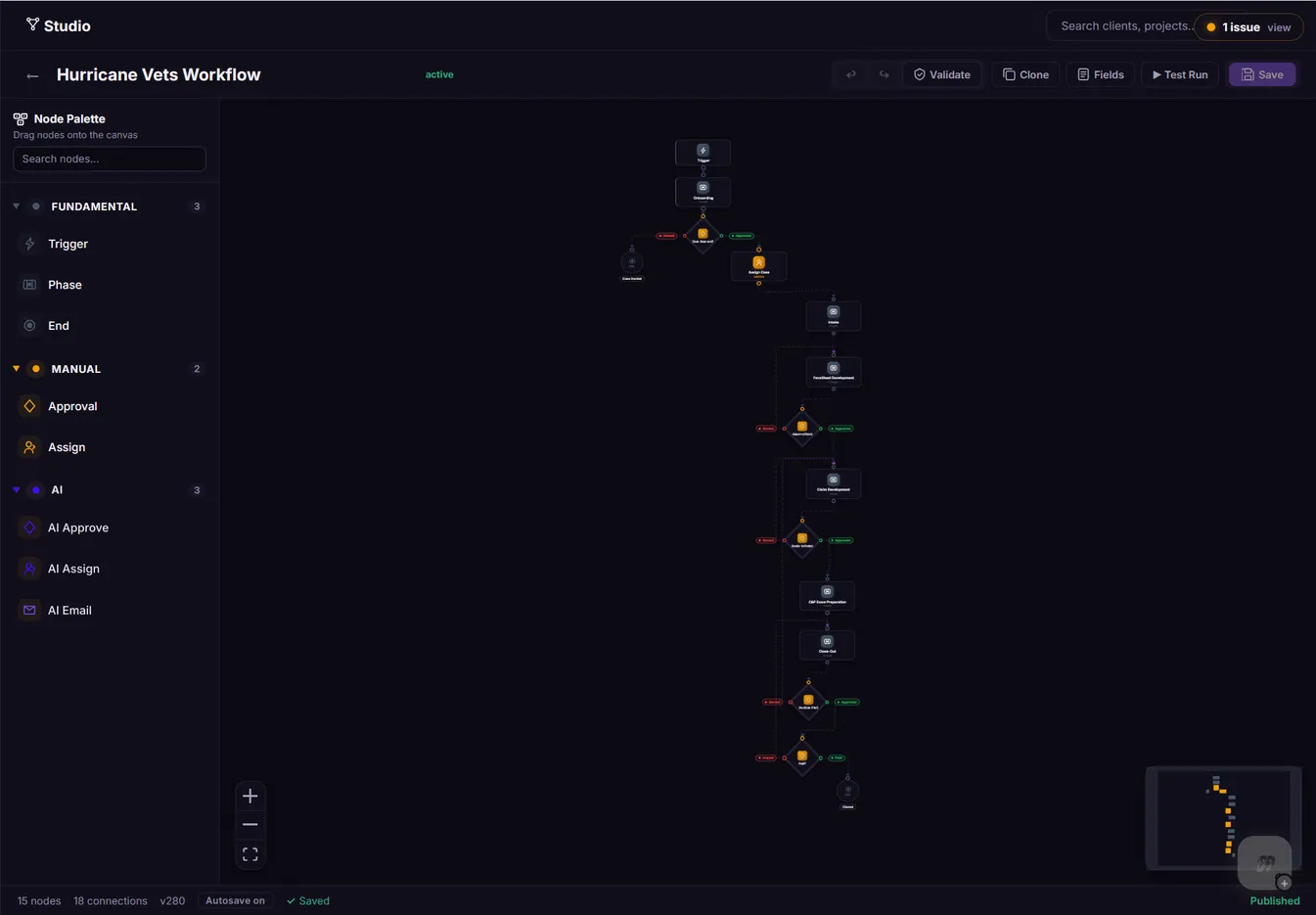 The Aqvori workflow builder: a fifteen-node case workflow on a canvas, with a palette of node types alongside it.